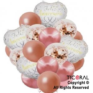 SET DE GLOBOS METALIZADOS FELIZ ANIVERSARIO ROSA x 16 UNIDADES